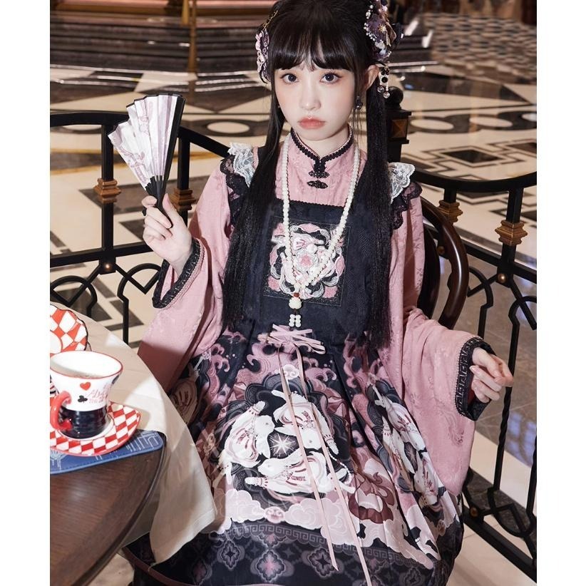 【十三余】春風共耳 黑粉漢元素 馬甲+襯衫+洋裝 三件套裝 中國風 少女 地雷系 吊帶洋裝 連衣裙 漢服 lolita-細節圖6