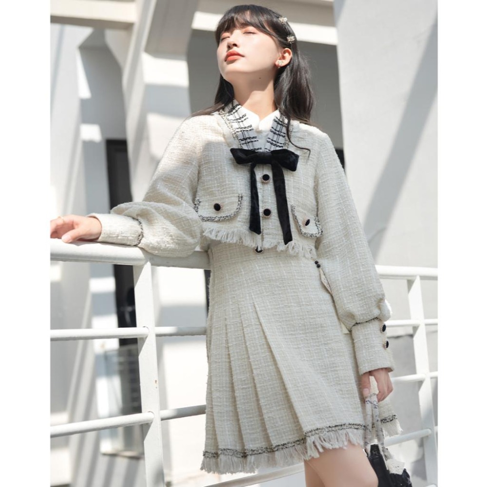 【十三余】星焰 小香風 地雷系 量產型 清楚系 漢元素 OL 日系 少女 閨密裝 外套 短裙 短馬面裙 套裝-細節圖4