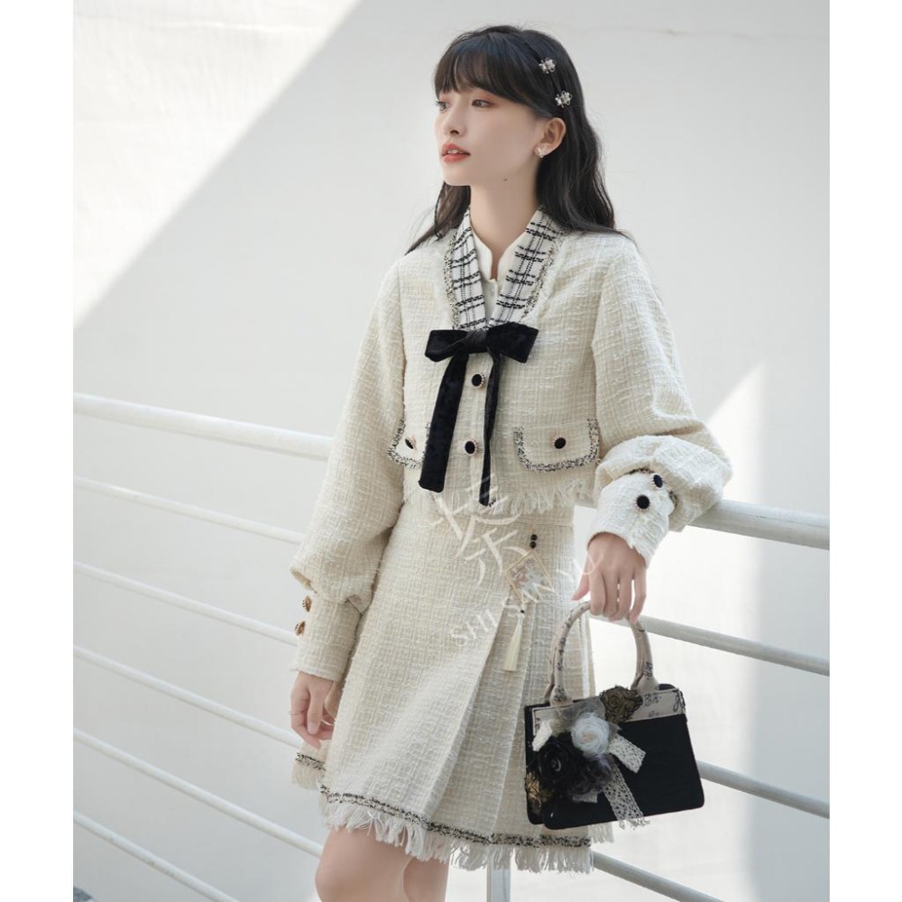 【十三余】星焰 小香風 地雷系 量產型 清楚系 漢元素 OL 日系 少女 閨密裝 外套 短裙 短馬面裙 套裝-細節圖5