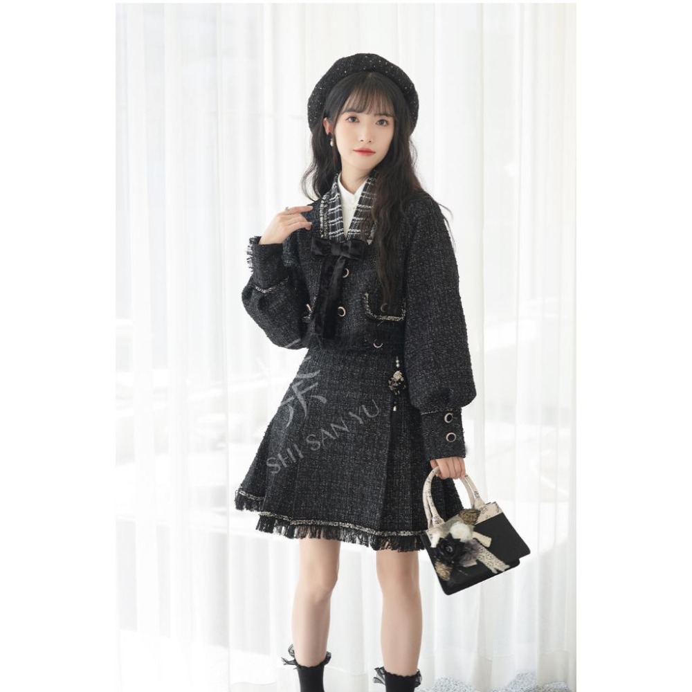 【十三余】星焰 小香風 地雷系 量產型 清楚系 漢元素 OL 日系 少女 閨密裝 外套 短裙 短馬面裙 套裝-細節圖6