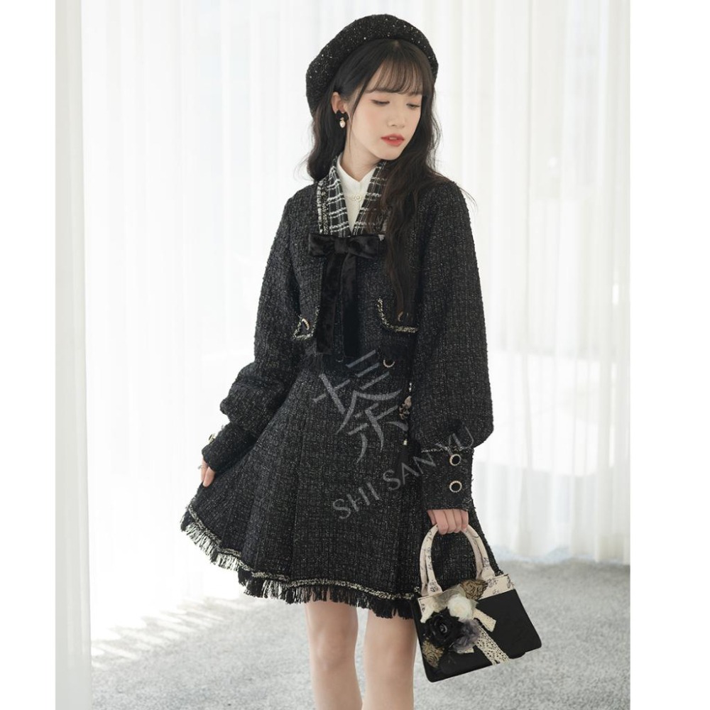 【十三余】星焰 小香風 地雷系 量產型 清楚系 漢元素 OL 日系 少女 閨密裝 外套 短裙 短馬面裙 套裝-細節圖7