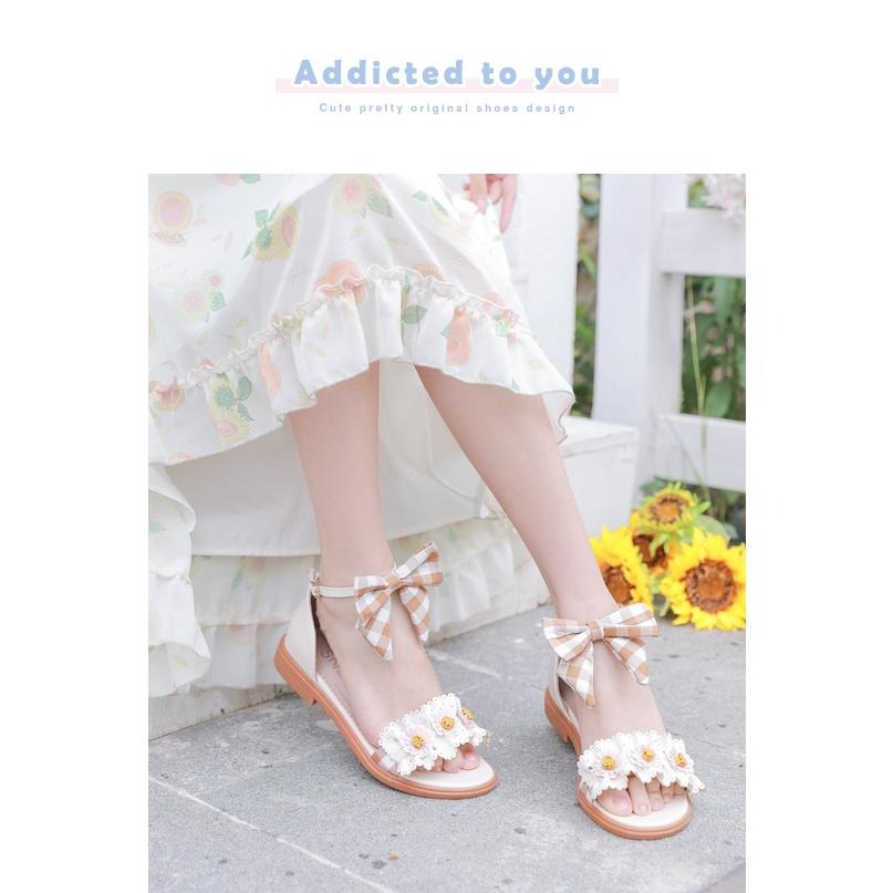 【森女部落】花朵 少女 涼鞋 時尚 低跟 軟妹 日系 森林系 雛菊 仙女 甜美 蝴蝶結 一字扣 涼鞋 夏季 女鞋 35號-細節圖5