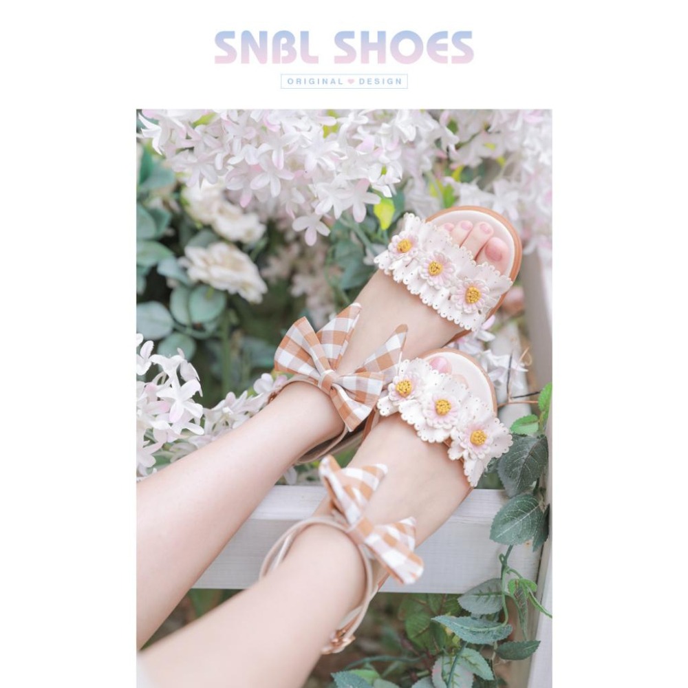 【森女部落】花朵 少女 涼鞋 時尚 低跟 軟妹 日系 森林系 雛菊 仙女 甜美 蝴蝶結 一字扣 涼鞋 夏季 女鞋 35號-細節圖6