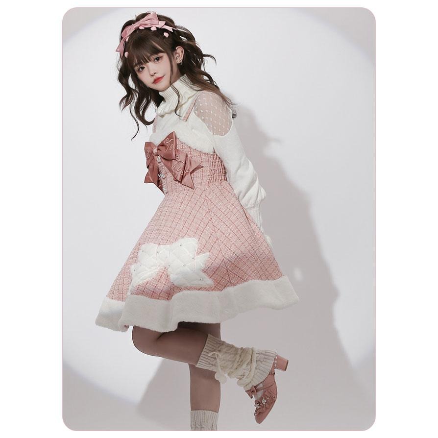【To Alice】Lolita 可愛 粉色 立體 蝴蝶結 粗花呢 吊帶裙 洋裝 秋冬 高領毛衣 輕lo 軟妹 日系-細節圖4