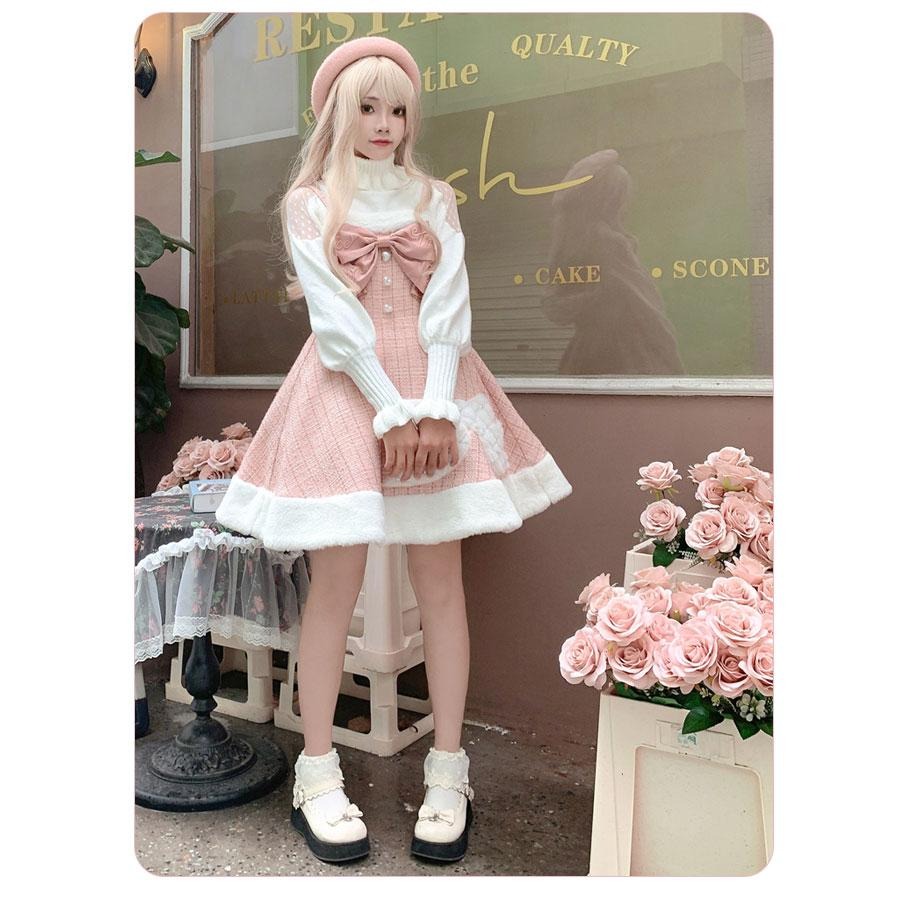 【To Alice】Lolita 可愛 粉色 立體 蝴蝶結 粗花呢 吊帶裙 洋裝 秋冬 高領毛衣 輕lo 軟妹 日系-細節圖5