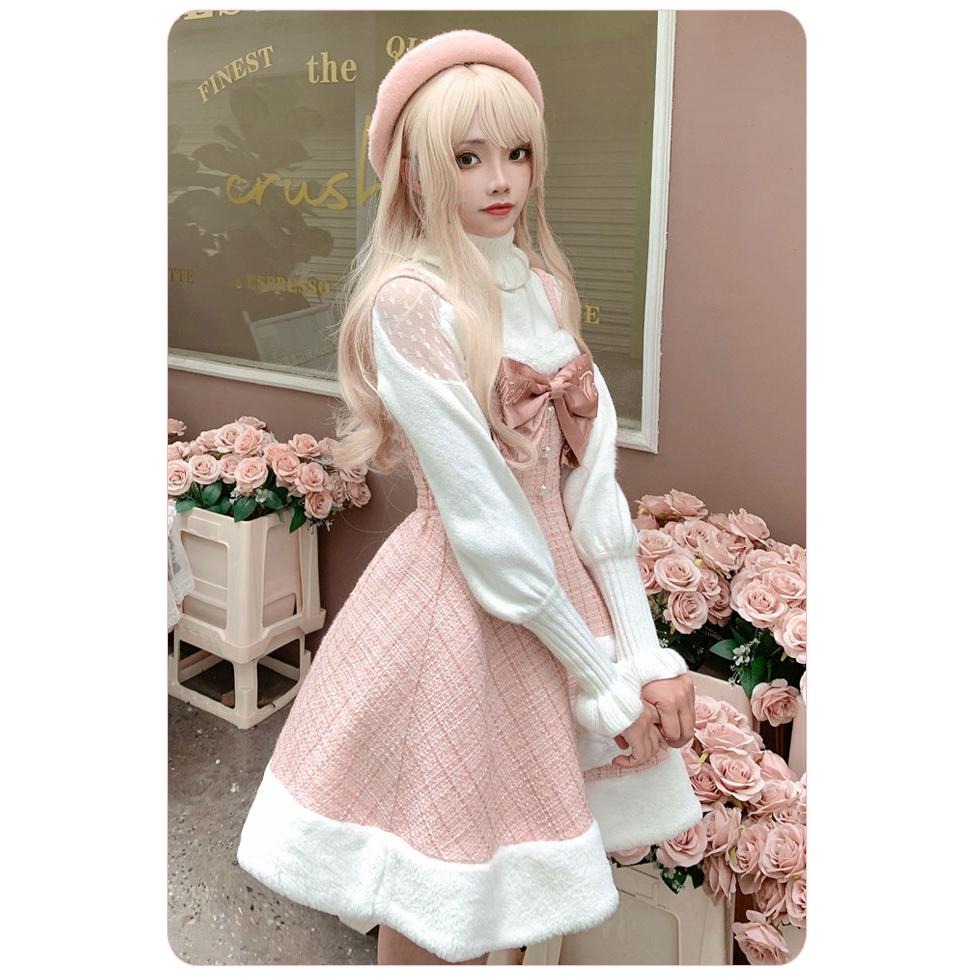 【To Alice】Lolita 可愛 粉色 立體 蝴蝶結 粗花呢 吊帶裙 洋裝 秋冬 高領毛衣 輕lo 軟妹 日系-細節圖6