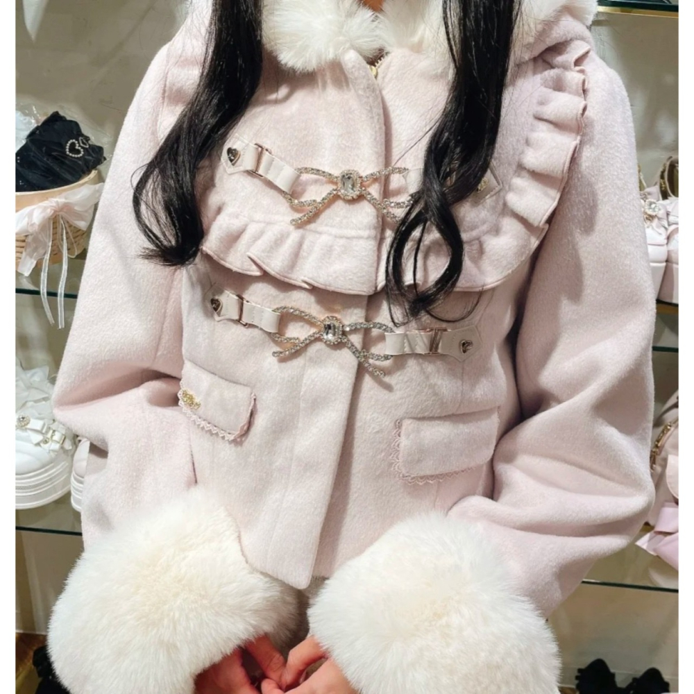 【lizlisa】日單 粉色連帽 短版大衣 外套 毛袖 絨毛 地雷系 量產型 日系 亞文化 lolita 軟妹 少女-細節圖4