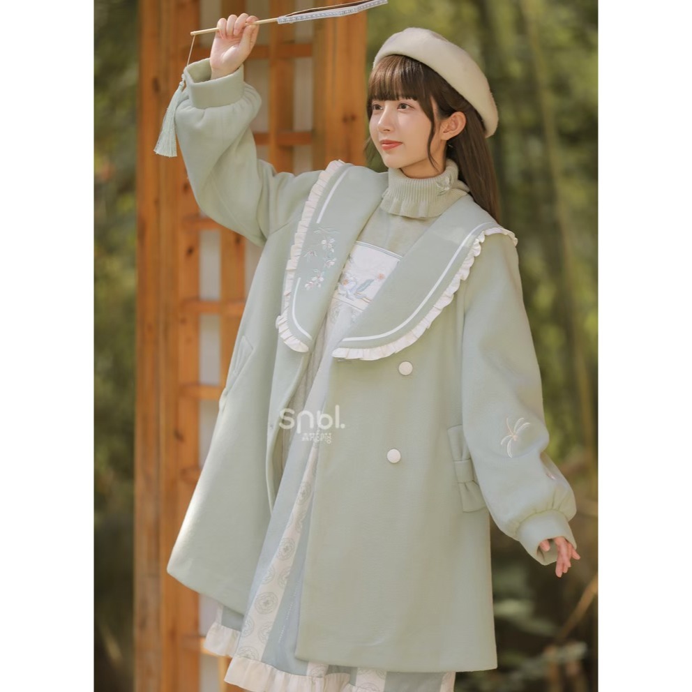 【森女部落】淺綠色花朵刺繡大衣 漢元素 大衣 中國風 古風 新中式 lolita 軟妹 少女-細節圖3