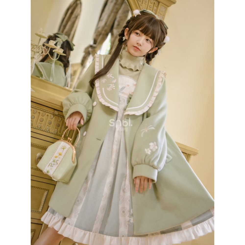 【森女部落】淺綠色花朵刺繡大衣 漢元素 大衣 中國風 古風 新中式 lolita 軟妹 少女-細節圖5