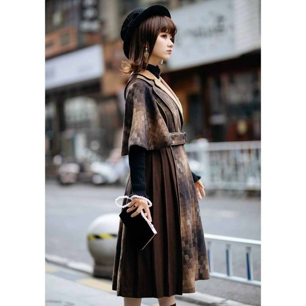 【幻之風】棕色復古 格子漸層馬賽克 大衣 秋冬 風衣 外套 英倫風 lolita cla 少女-細節圖3