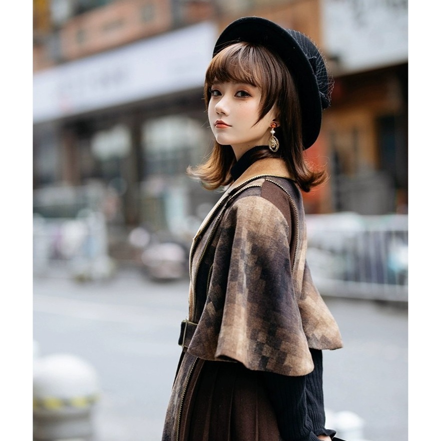 【幻之風】棕色復古 格子漸層馬賽克 大衣 秋冬 風衣 外套 英倫風 lolita cla 少女-細節圖6