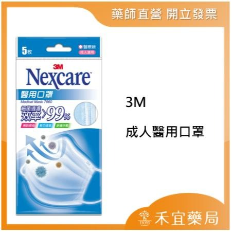 【滿千免運】3M Nexcare 7660 成人醫用口罩-粉藍 每包5片(雙鋼印款)【禾宜藥局】