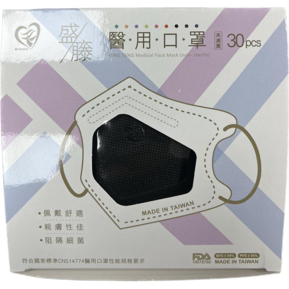 【滿千免運】盛籐 3D 成人醫用口罩 30入 曜石黑/土耳其藍/風信紫/無暇白【禾宜藥局】-細節圖3