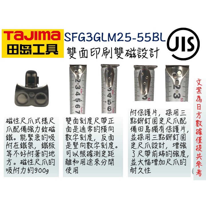 TAJIMA 田島 SFG3GLM25-55BL G3系列 附磁 5.5米*25mm 包膠捲尺-細節圖4