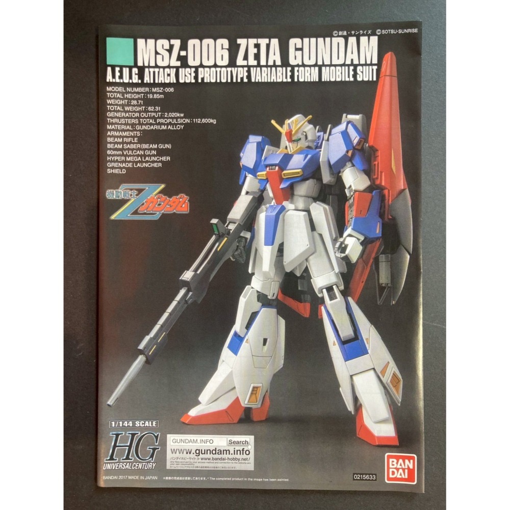 =宅家王=【通販品】萬代藍標 HGUC Z鋼彈(新生版) MSZ-006 5055611 1比144 組裝模型 Z鋼彈-細節圖4