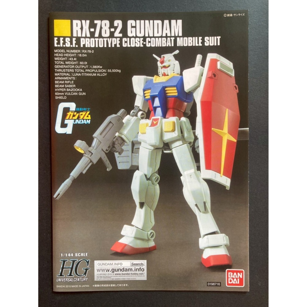 =宅家王=【通販品】萬代藍標 HGUC 初代鋼彈(新生版) RX-78-2 5057403 1比144 模型 0079-細節圖4