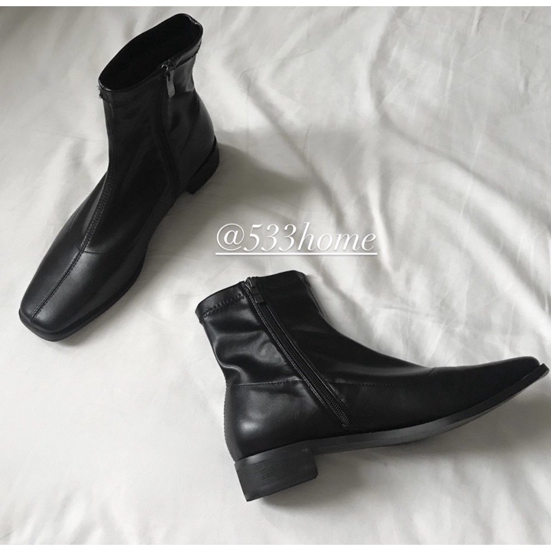 533 ｜  最大41號韓國連線正韓帥氣小方頭側拉鍊低跟短靴襪靴麂皮靴大尺碼綁帶真皮款-細節圖2