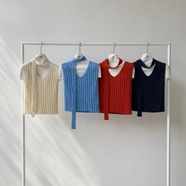 533 |  現貨 過年紅色韓國綁帶坑條V領針織背心馬甲附腰帶-細節圖5