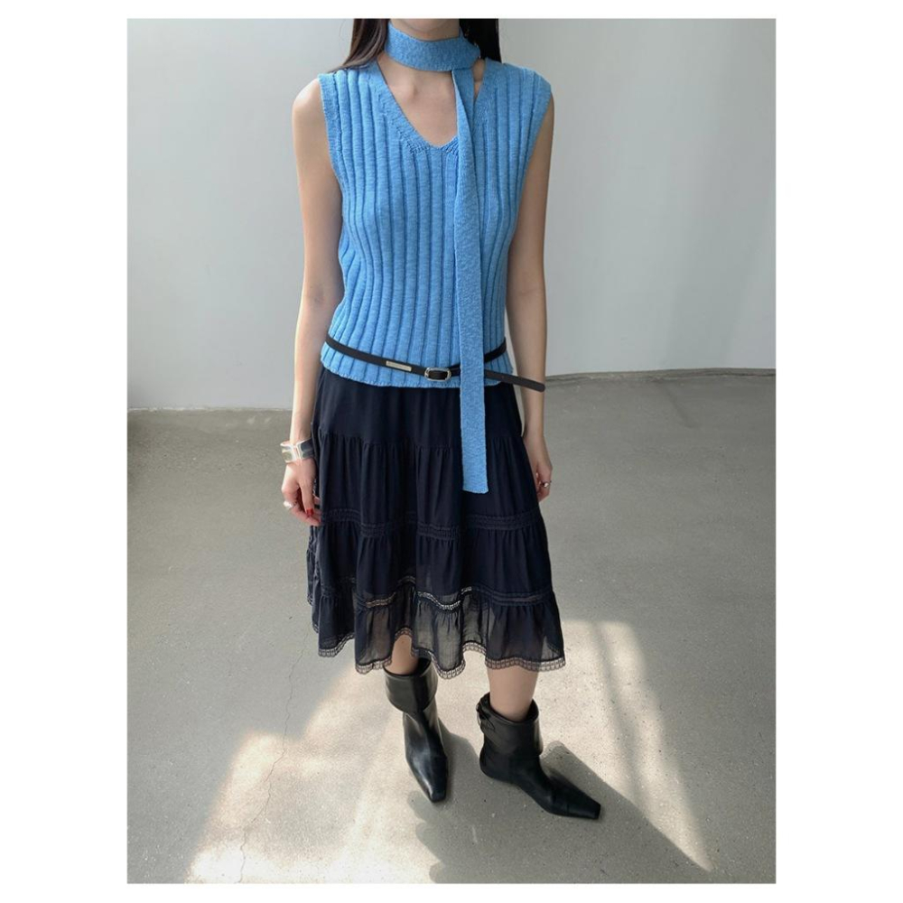 533 |  現貨 過年紅色韓國綁帶坑條V領針織背心馬甲附腰帶-細節圖6