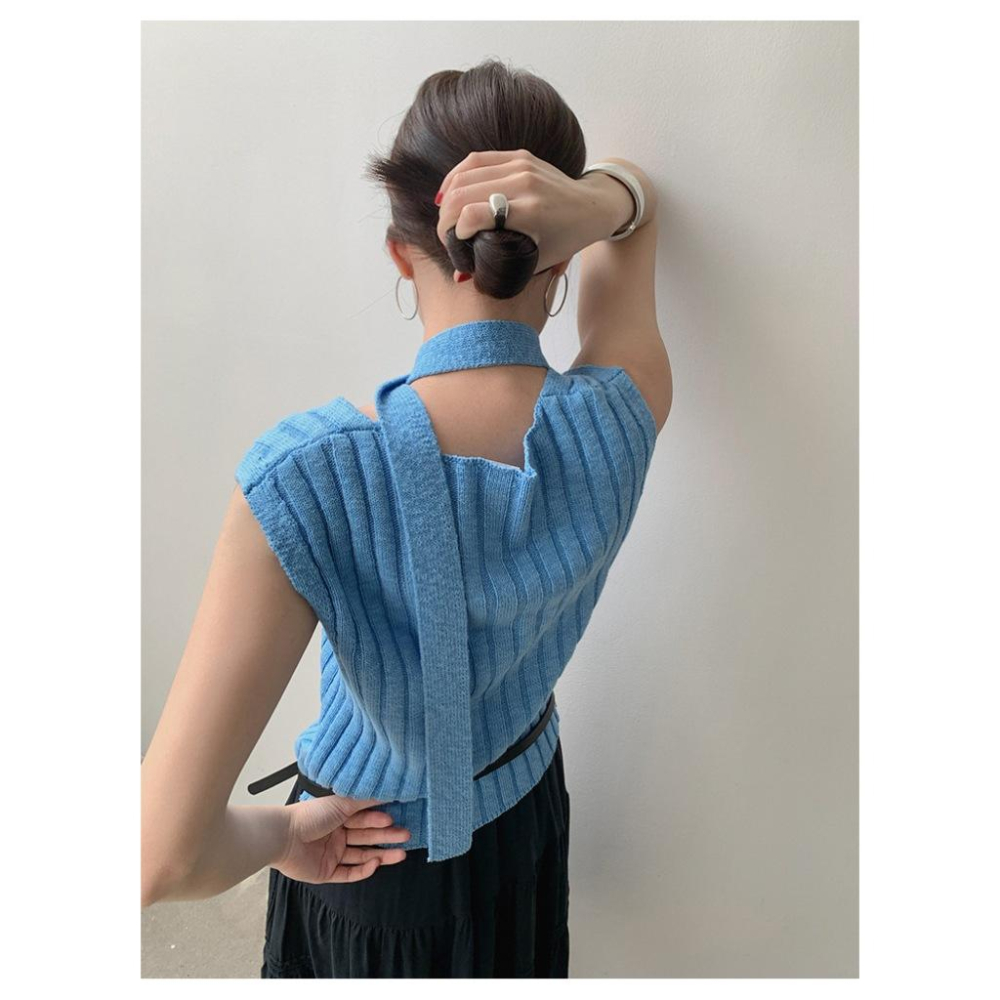 533 |  現貨 過年紅色韓國綁帶坑條V領針織背心馬甲附腰帶-細節圖7