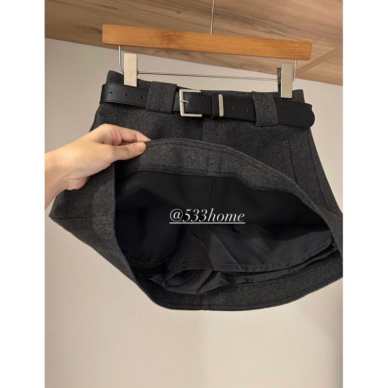 533｜現貨 韓國顯瘦挺料毛呢短裙防走光褲裙附銀釦寬皮帶-細節圖4