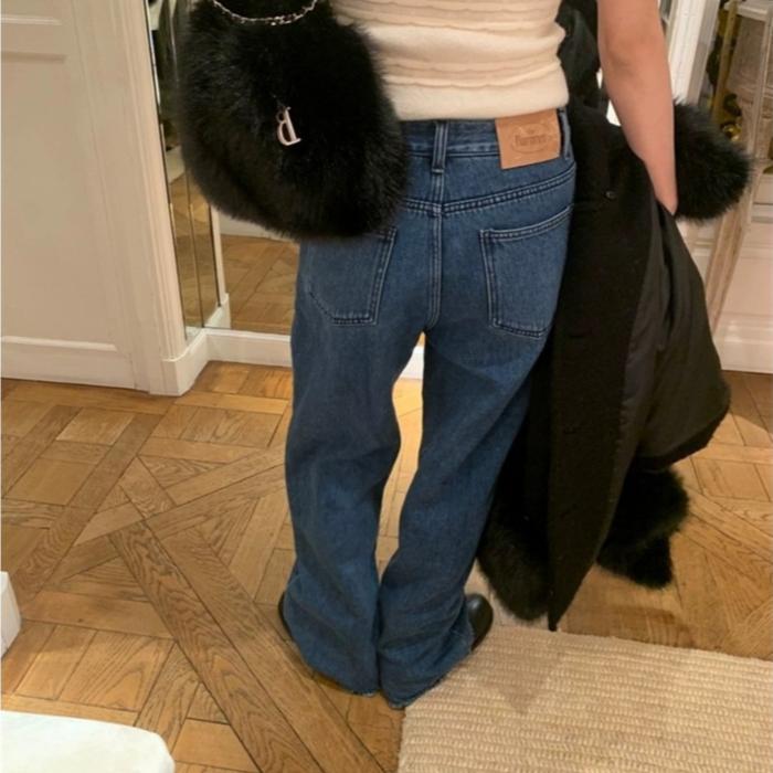 533 |  正韓 韓國深藍丹寧色高腰寬褲直筒牛仔褲-細節圖2