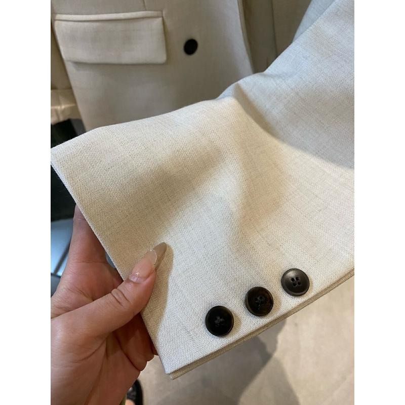 533｜現貨 米白黑色歐美雙排釦寬鬆感中長款西裝外套-細節圖4
