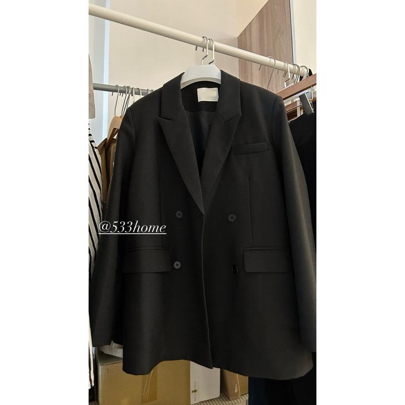 533｜現貨 米白黑色歐美雙排釦寬鬆感中長款西裝外套-細節圖6