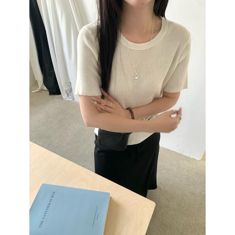 533｜現貨 韓國羊毛後中線大彈性條紋圓領短袖短款針織衫-細節圖2