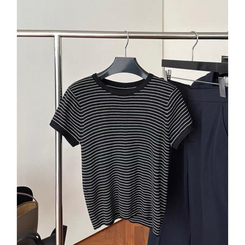 533｜現貨 韓國羊毛後中線大彈性條紋圓領短袖短款針織衫-細節圖3