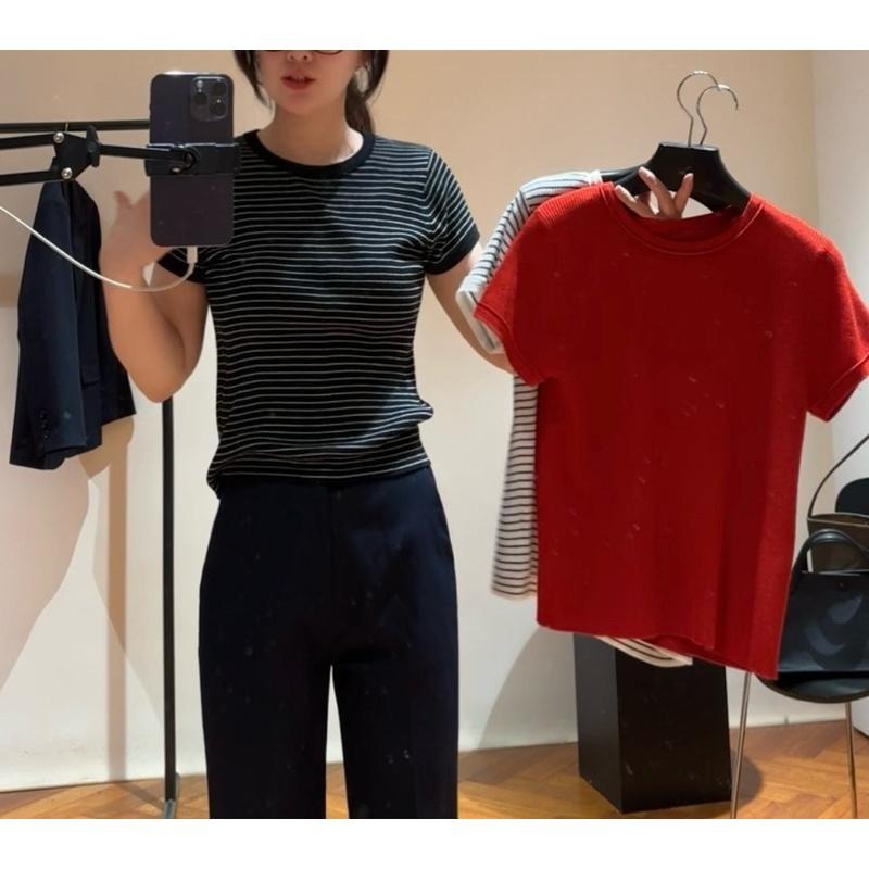 533｜現貨 韓國羊毛後中線大彈性條紋圓領短袖短款針織衫-細節圖4