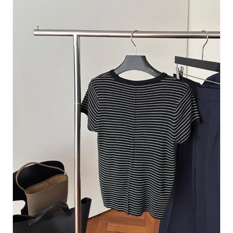 533｜現貨 韓國羊毛後中線大彈性條紋圓領短袖短款針織衫-細節圖5