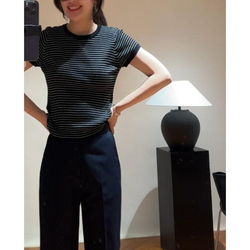 533｜現貨 韓國羊毛後中線大彈性條紋圓領短袖短款針織衫-細節圖6