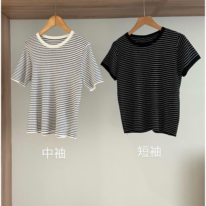 533｜現貨 韓國羊毛後中線大彈性條紋圓領短袖短款針織衫-細節圖7