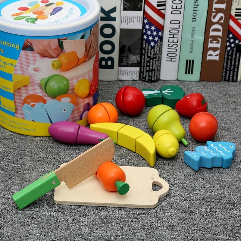 現貨🌈桶裝木製蔬菜水果切切樂附砧板 家家酒玩具 木製玩具 廚房玩具 木頭切切樂 蔬果切切樂 益智啟蒙玩具教具-細節圖2