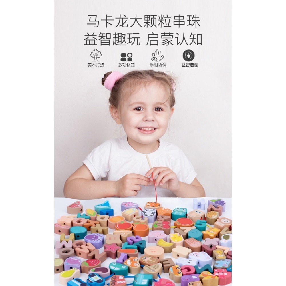 現貨📍100顆大顆粒木頭串珠 串珠積木 英文串珠 大顆粒串珠 積木教具 串珠玩具 穿線遊戲 穿線串珠 益智玩具 2歲玩-細節圖2