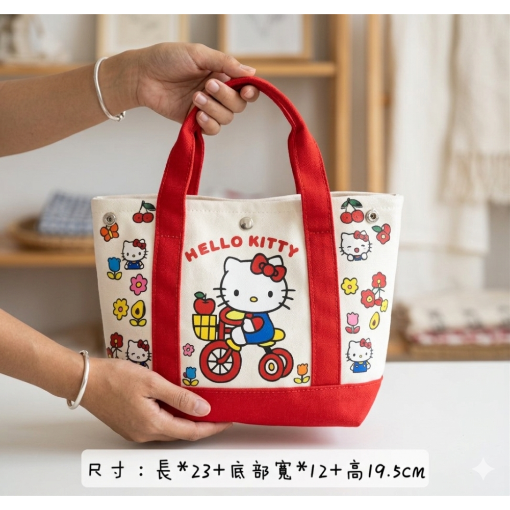 三麗鷗 Hello Kitty 經典紅拼接 帆布 縮口 手提 便當袋 包包 托特包 【E32】豪工具H.tool-細節圖2