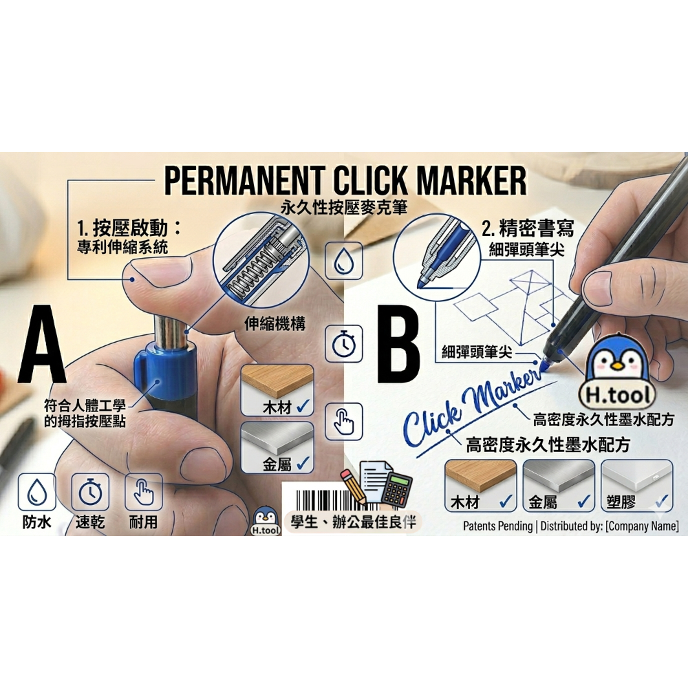 ​按壓式記號筆 油性防水 快速乾 透氣孔設計 工程工地筆 標籤筆 收納標記筆 永久性墨水 記號筆【G11】-細節圖4