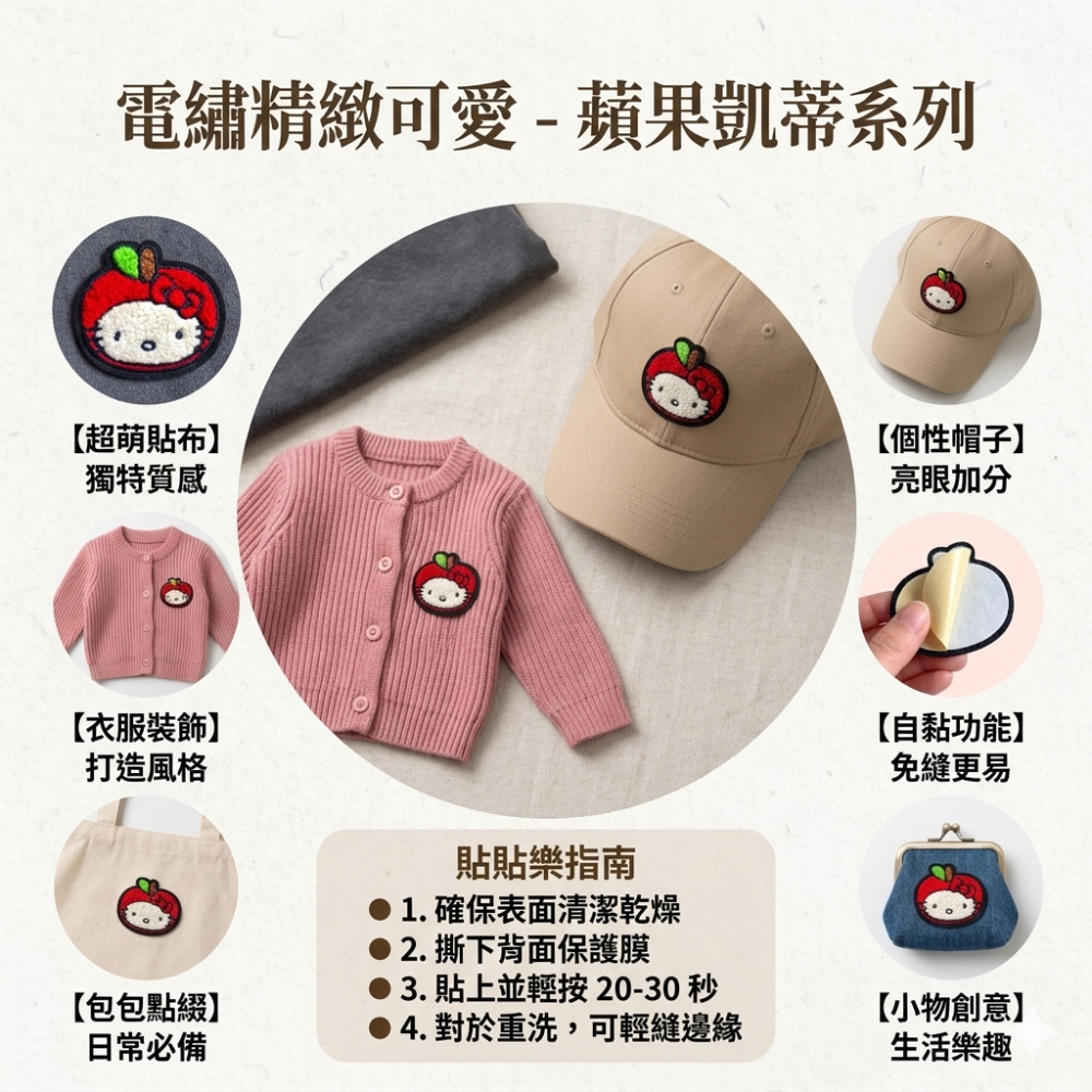 【現貨】Hello Kitty 刺繡布貼 蘋果凱蒂系列 自黏/熨燙兩用 免縫補丁 毛巾繡立體電繡貼 【A17】-細節圖2
