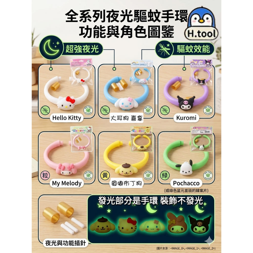 【限時購】三麗鷗 夜光防蚊手環 驅蚊手環 兒童防蚊 戶外驅蚊 造型手環【A26】-細節圖2