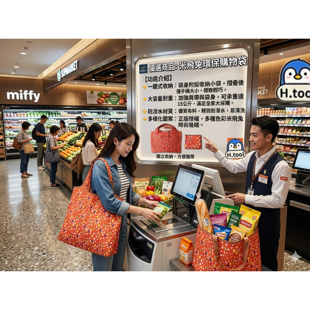 【H.T】Miffy 米飛兔/米菲兔 滿版 可愛 摺疊收納環保袋 購物袋 便當袋 手提袋【E13】-細節圖3