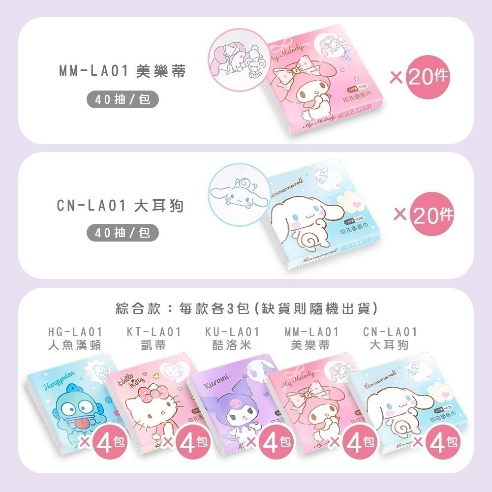 【7-ELEVEN門市團購】三麗鷗三層袖珍面紙(40抽x20包) 袖珍包 印花衛生紙 (免運)【旺達棉品】下單備註款式-細節圖2