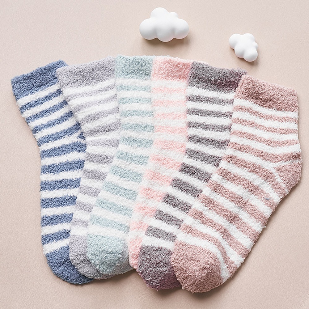 條紋保暖襪 半邊絨止滑中統襪 珊瑚絨睡眠襪 睡眠襪 保暖冬天襪 厚襪子 居家保暖襪 AN-UA3204N【旺達棉品】-細節圖5