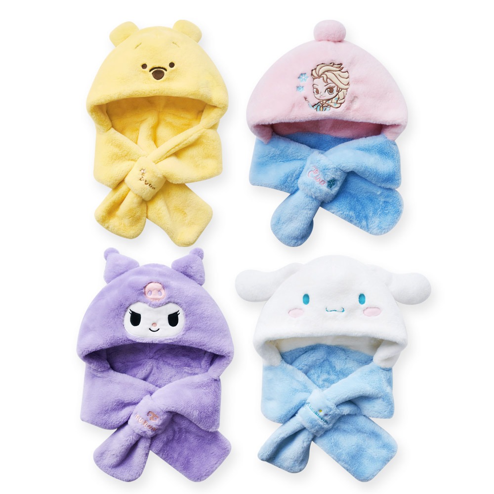 迪士尼 三麗鷗 酷洛米 大耳狗 保暖圍巾毛帽 連帽圍巾 小熊維尼 冰雪奇緣 加絨圍巾【旺達棉品】CN-LN202-細節圖2