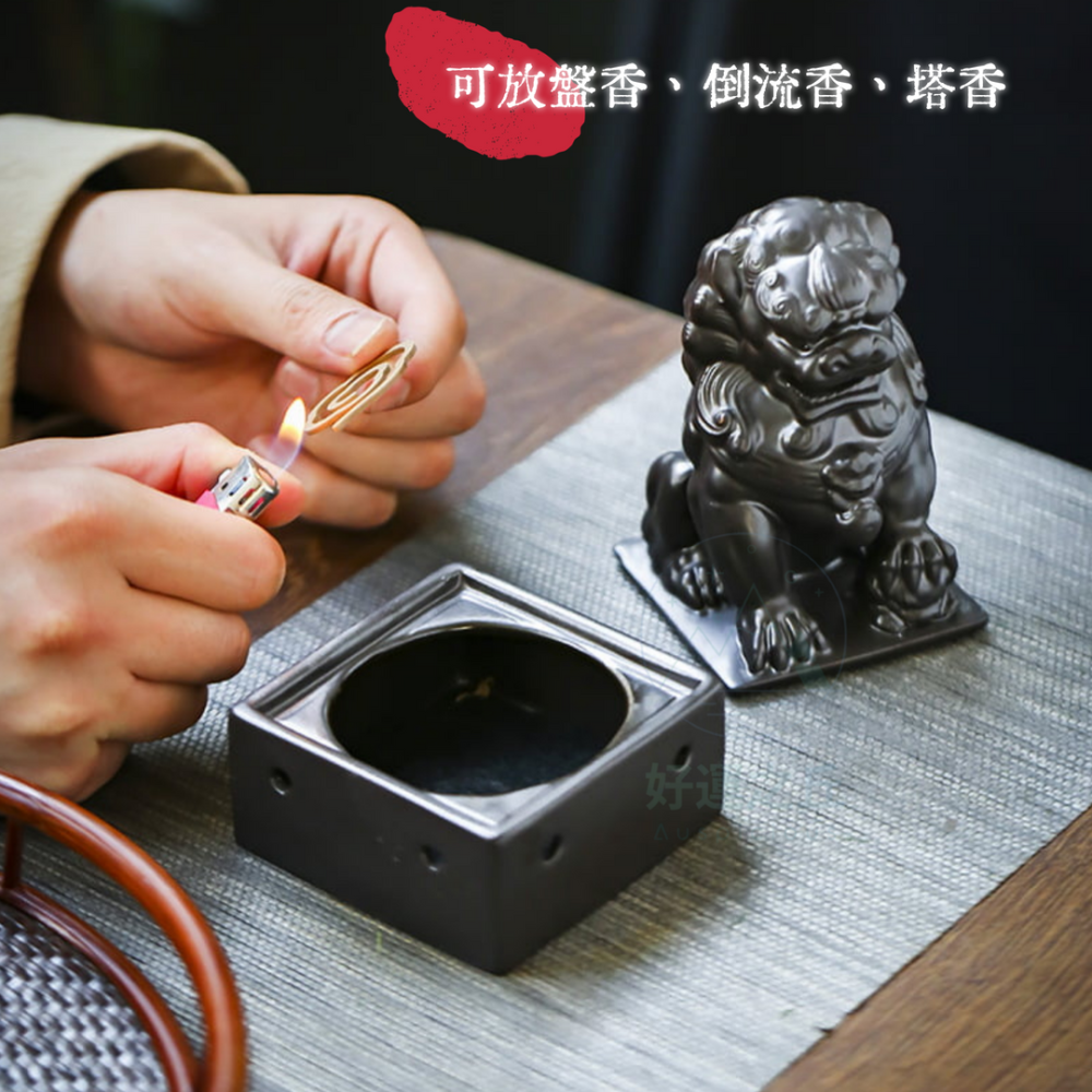 石獅子盤香爐 石獅子 香爐 盤香爐 陶瓷石獅子 醒獅 石獅子擺件 倒流香爐 小香爐 薰香爐 香插 線香盤-細節圖3