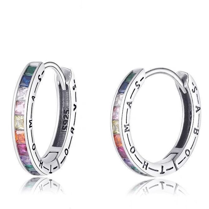 [現貨]雜誌款 幸福彩虹莫桑多彩鋯石純銀耳環 中性穿搭 耳扣 耳飾 配飾 男女皆可配戴 乙對 [非夾式耳環.需有耳洞]-細節圖4