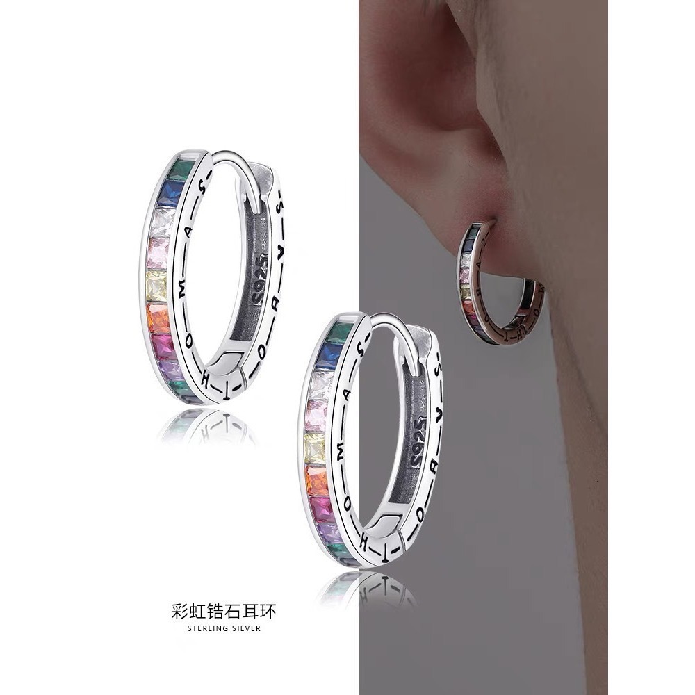 [現貨]雜誌款 幸福彩虹莫桑多彩鋯石純銀耳環 中性穿搭 耳扣 耳飾 配飾 男女皆可配戴 乙對 [非夾式耳環.需有耳洞]-細節圖5