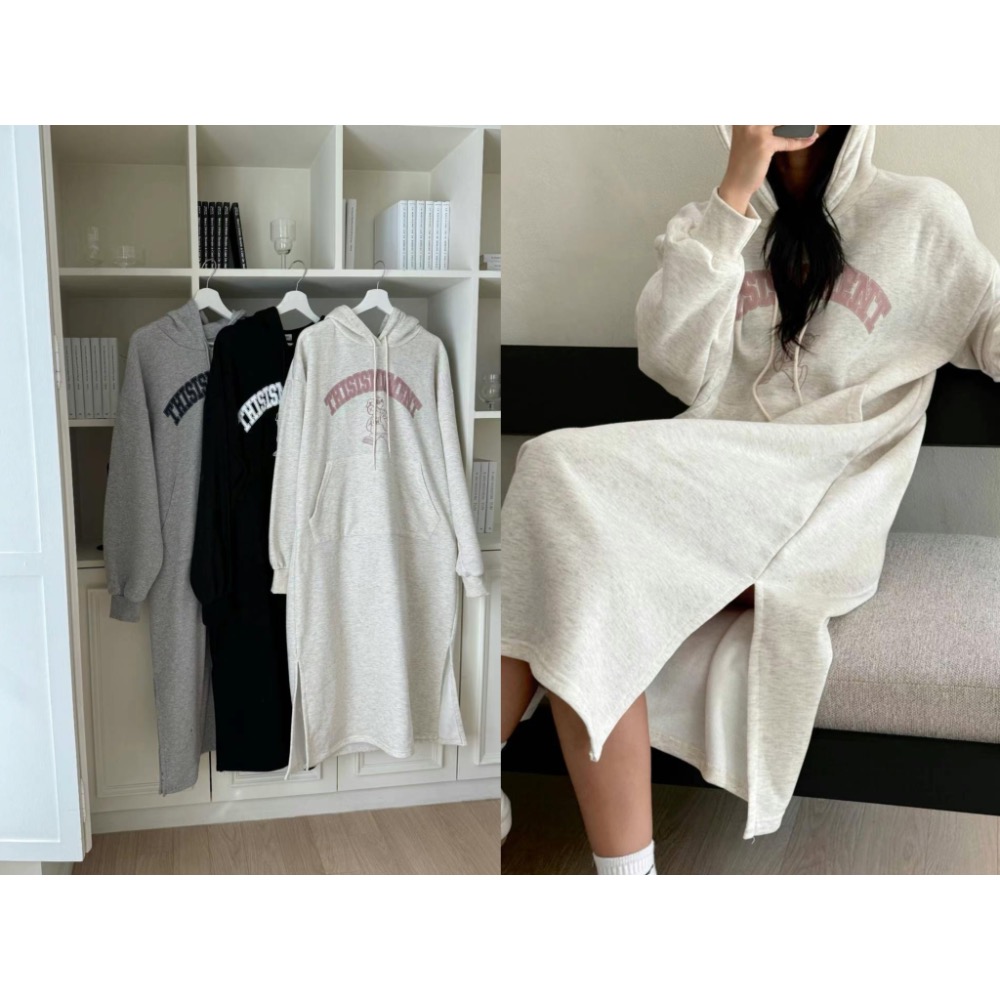 ￼韓國帶回🇰🇷歐膩家連帽開叉長版T（2024秋冬款）-細節圖2