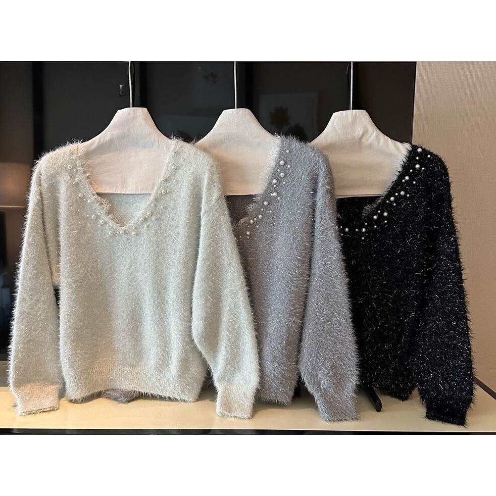￼韓國🇰🇷代購毛絨OLA家⭐️2024新款v領釘珠慵懶風❤️播主同款毛衣-細節圖3