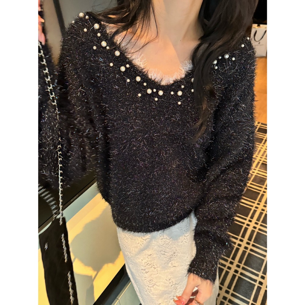 ￼韓國🇰🇷代購毛絨OLA家⭐️2024新款v領釘珠慵懶風❤️播主同款毛衣-細節圖6